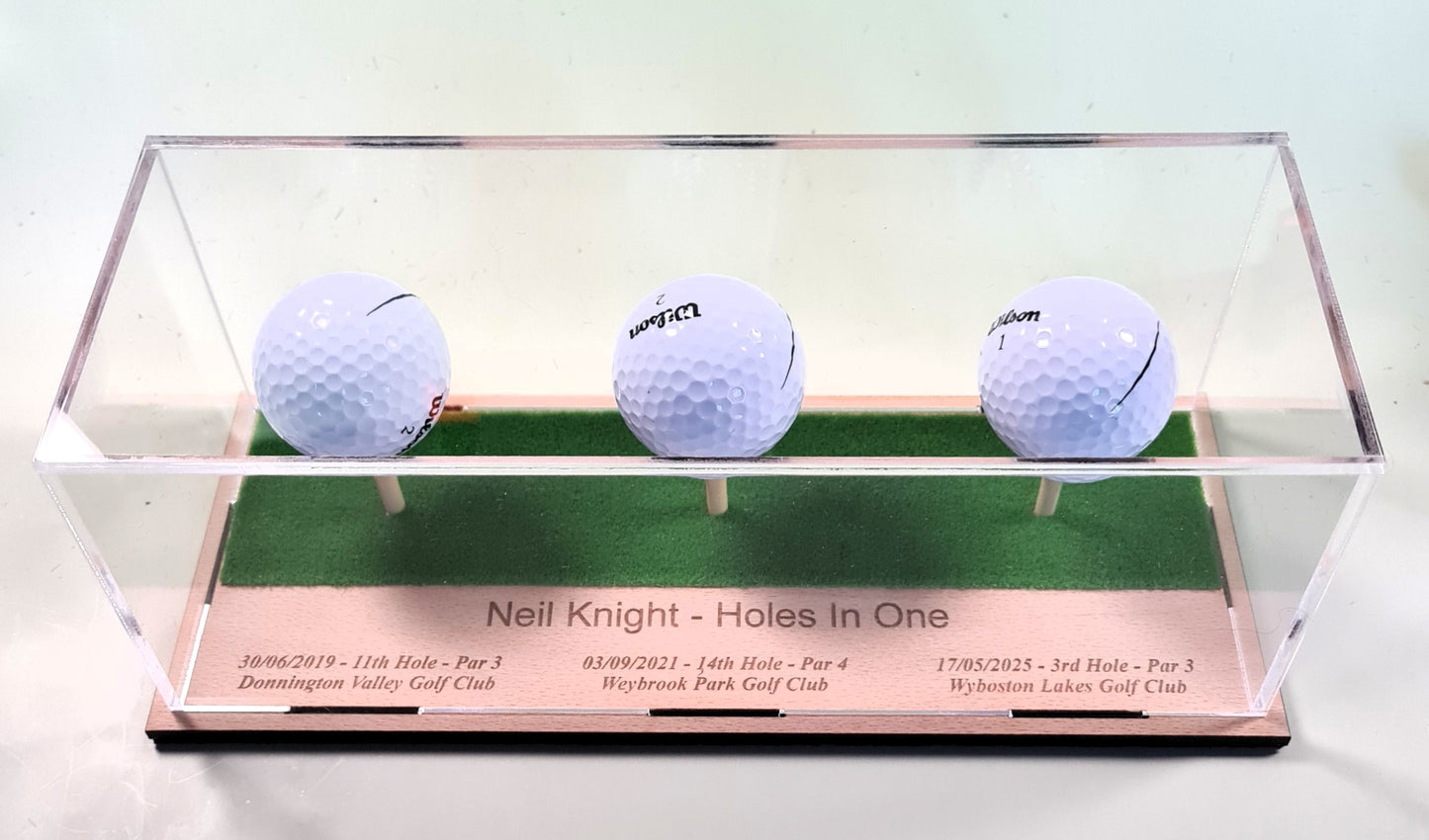 3 Golf Ball Display Stand Personalised Base Case Hole in One Club Champion Competition Prize Gift Nearest Pin Putting Longest Drive