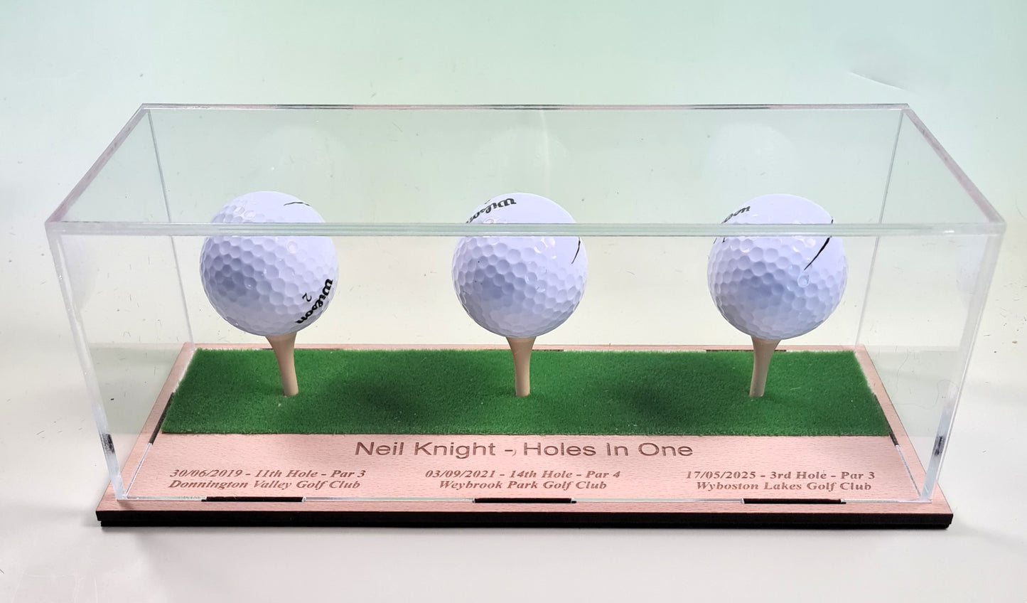 3 Golf Ball Display Stand Personalised Base Case Hole in One Club Champion Competition Prize Gift Nearest Pin Putting Longest Drive