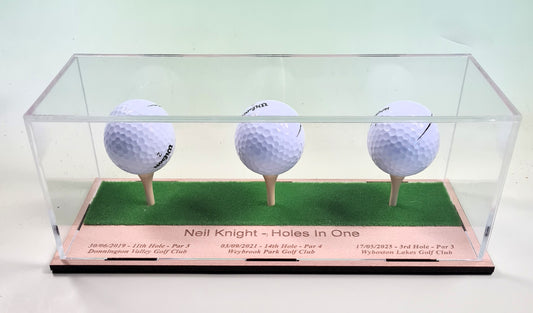 3 Golf Ball Display Stand Personalised Base Case Hole in One Club Champion Competition Prize Gift Nearest Pin Putting Longest Drive