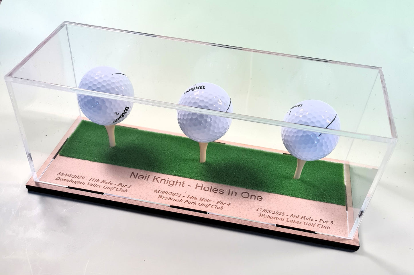 3 Golf Ball Display Stand Personalised Base Case Hole in One Club Champion Competition Prize Gift Nearest Pin Putting Longest Drive